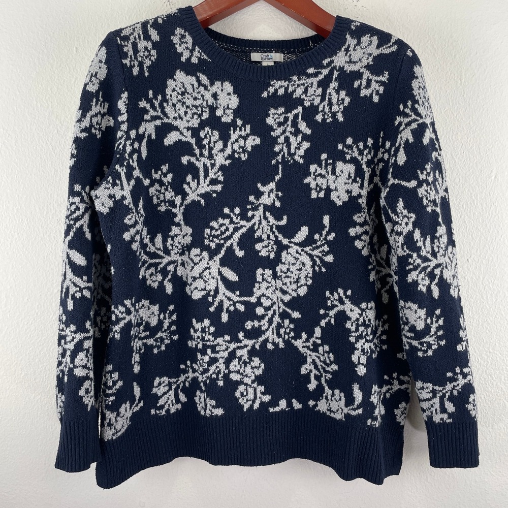 Cottagecore Croft & Barrow Womens Large Navy Blue Silver Floral Knit Sweater L